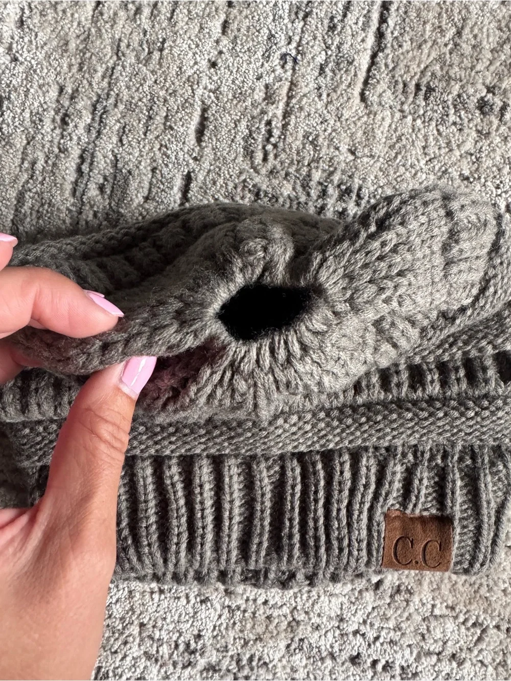 C.C Gray Knit Beanie with Logo Patch
